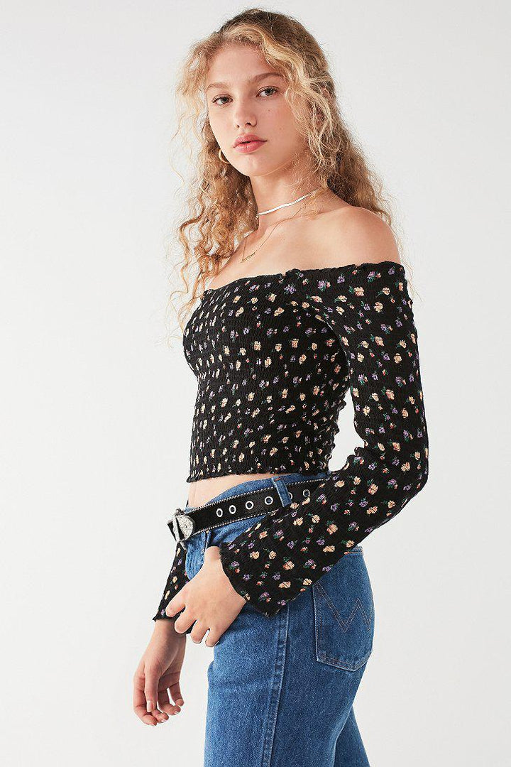 Pins & Needles Urban Outfitters Smocked Long Sleeve Bardot Cropped Top