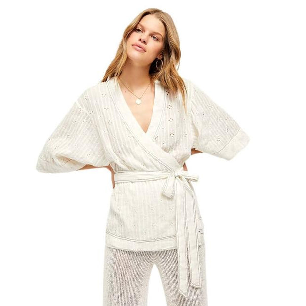 Free People FP ONE Cora Eyelet Embroidered Oversized Wrap Blouse Top